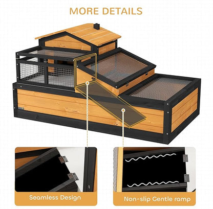 PawHut 3- Room Tortoise House Habitat with Balcony & 2 Stories, Indoor/Outdoor Wooden Tortoise Enclosure with Ladder, Tray, Openable Roof, Large Reptile Cage, 44" x 25.5" x 23", Yellow