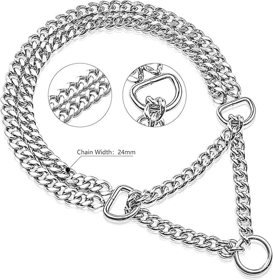 Silver Dog Chain Collar - Stainless Steel, Adjustable Walking, Metal Cuban Link Collar - Chew Proof, Double Row Chain for Large, Small, Medium Dogs