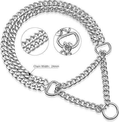 Silver Dog Chain Collar - Stainless Steel, Adjustable Walking, Metal Cuban Link, Chew Proof Double Row Chain Collar for Large, Small, Medium Dogs