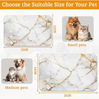 Abstract Marble Dog Food Mat,White Gold Absorbent Pet Feeding Mat for Food and Water Bowl,Quick Dry Dog Placemat Non Slip Rubber Backing Waterproof Pet Supplies 12" x 20"