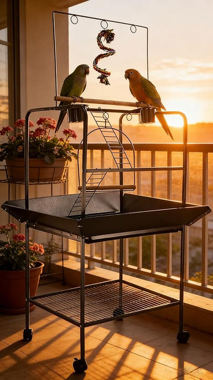 62 Inch Bird Cage with Wooden Perches, Standing Wrought Iron Birdcage with Wheels, Large Parrot Cage Bird Cages with Slide-Out Tray Water Bottle Feeder for Parakeets,Cockatiel, Canary,Pigeons