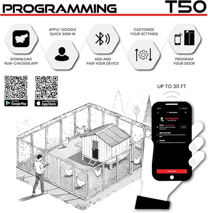 RUN-CHICKEN Door T50 – Automatic Chicken Coop Door Opener, Battery Powered & Weatherproof Aluminum, Smart App & Timer Control, Predator Proof, Easy Install, Reliable All-Season Performance (Gray)