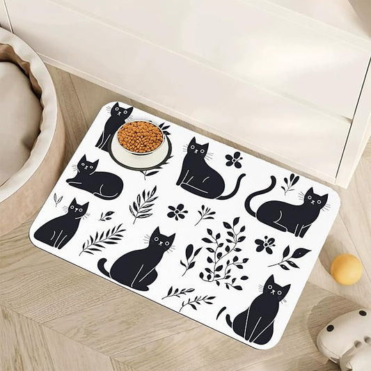 Cute Black Flower Dog Cat Food Mat,Absorbent Pet Feeding Mat with Rubber Backing,Non-Slip Water Bowl Placemat,Indoor Pet Accessories Supplies 16"x24"