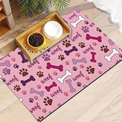 Dog Feeding Mat 20 x 12 Inch, Pink Paw Bone Woof Dog Placemat Absorbent Quick-Dry for Food and Water, Waterproof Non Slip Rubber Pet Bowl Pad Mat for Floors
