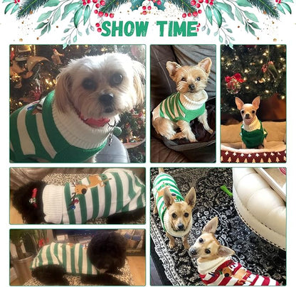 Christmas Dog Sweaters Xmas Pet Outfits Striped Elk Costume Holiday Clothes Gifts Puppy Cat Knitted Jumpers (XS,Green White Stripe Elk)