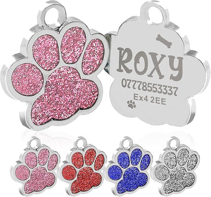 EDSG Cat Dog Tags Personalized for Pets, Dog Name Tags Cat Name ID Tag, Engraved Dog Tags Dog ID Tags Small Glitter Bling ID Tag Paw Print for Cat Pet Dog Puppy(Silver,Design 2)