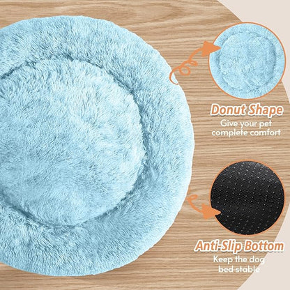 JOLLYVOGUE Calming Dog Bed Medium Size Dog, Anti-Anxiety Donut Medium Pet Bed, 31 inches Fluffy Faux Fur Round Cat Bed, Fits up to 45 lbs Pets (Light Blue)