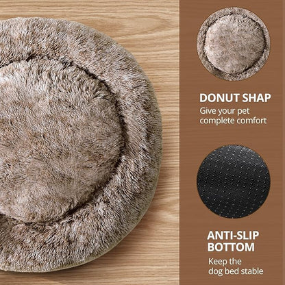 JOLLYVOGUE Calming Dog Bed for Small Dogs - 23 inches Donut Washable Small Dog Bed for Kittens & Puppies, Anti-Slip Round Fluffy Plush Faux Fur Cat Beds (Fits up to 25 lbs Pets, Smoke Brown)