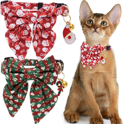 Faygarsle 2 Pack Christmas Cat Collar Cute Holiday Cat Collar with Bow tie Breakaway Red Green Winter Collar for Boy and Girl Cats Female Male Cat Christmas Collar