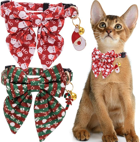 Faygarsle 2 Pack Christmas Cat Collar Cute Holiday Cat Collar with Bow tie Breakaway Red Green Winter Collar for Boy and Girl Cats Female Male Cat Christmas Collar