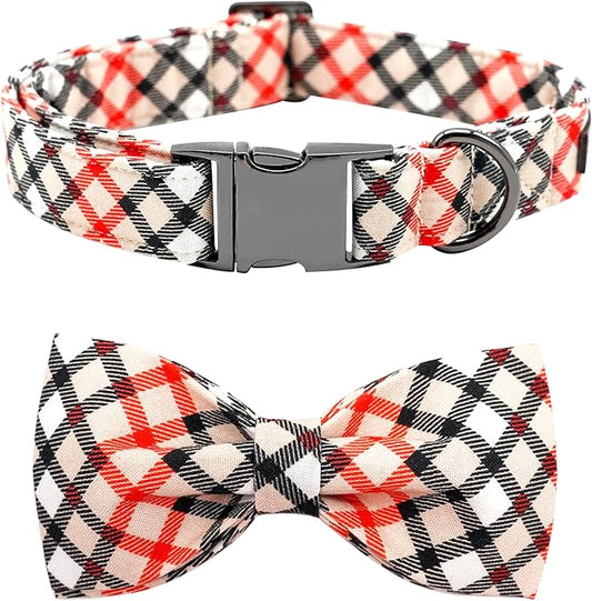 Dog Collar, Bow Dog Collar Beige Plaid Pet Collar Cute Pet Bow Soft Girl or Boy Puppy Collars with Metal Buckle Adjustable Collars for Small Dogs