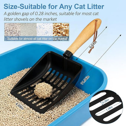 Cat Litter Scoop, Metal Litter Scoop, Heavy Duty Metal Cat Scooper for Litter Box, Black Sifter Scoop for Pellets, Wooden Handle Scoop with Hole, Kitty Necessity (5.5" Handle)