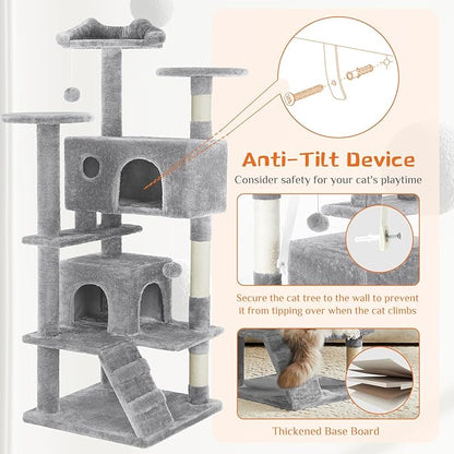 Sweetcrispy 54 Inch Cat Tree Tower, Multi-Level Tower with Cat Scratching Post, Indoor Cat Condo with Climbing Ladder, Plush Toy, Play House for Cat, Light Grey