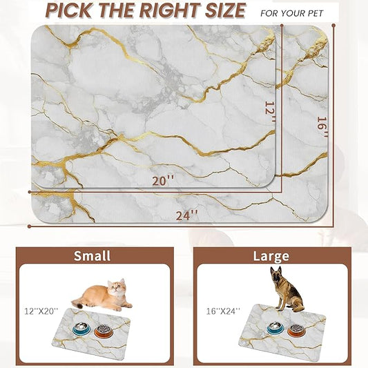Marble Dog Food Mat for Floors,White Gold Marble Absorbent Quick-Dry Pet Feeding Mat,Cat Dog Bowl Mats for Food and Water,Non-Slip Pet Accessories Supplies 12"x20"