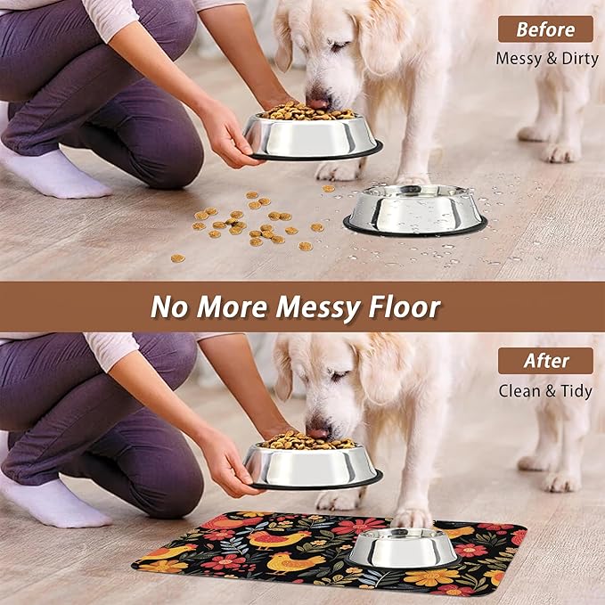 Chicken Rooster Hen Flower Meadow Dog Cat Food Mat,Absorbent Pet Feeding Mat with Rubber Backing,Non-Slip Water Bowl Placemat,Indoor Pet Accessories Supplies 16"x24"
