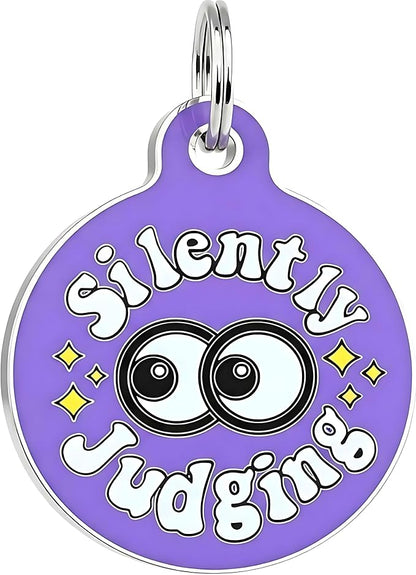 Bad Tags Personalized Dog and Cat ID Tags in 25+ Designs and 2 Sizes - 5 Lines of Custom Engraved Text - Funny Cute Personalized Pet Tags (Silently Judging - Purple, Small (1 inch))