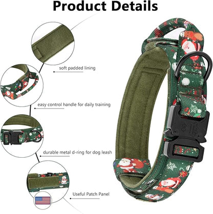 DAGANXI Christmas Tactical Dog Collar, Adjustable Military Training Nylon Dog Collar with Control Handle and Metal Buckle for Medium and Large Dogs, with Patches and Airtags Case (XL, Christmas green)