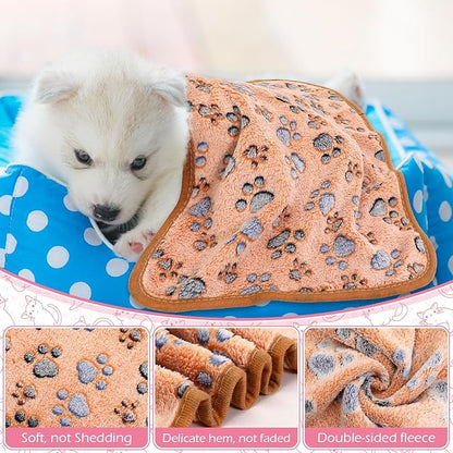 Tegeme 12 Pcs Pet Blankets Soft Fluffy Fleece Dog Cat Warm Paw Print Pattern Blankets Flannel Throw for Pets Dog Puppy Cat(23 x 16 Inch,Pink,Beige,Camel)