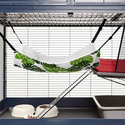 Jetec 2 Pack Cat Hammock for Cage, Catio Accessories Reversible Soft Cats Bed with Adjustable Straps and Hooks Double-Sided Linen and Fleece Hanging Hammock for Cats, Kitten(Monstera Leaf,M)