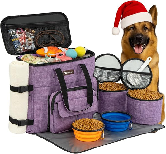 Modoker Dog Travel Organizer Carriers for Supplies & Accessories, Airline Approved Cat Pet Travel Bag, 2 Collapsible Bowls, 2 Travel Dog Food Container, Purple