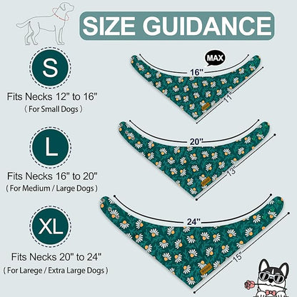 Spring Dog Bandanas with Snap Button, 2 Pack Floral Dog Scarf for Boy & Girl, Durable Fabric, Adjustable Fit, Unique Shape, Gift for Dogs, Daisy Bandana for Medium and Large Dogs (Large)