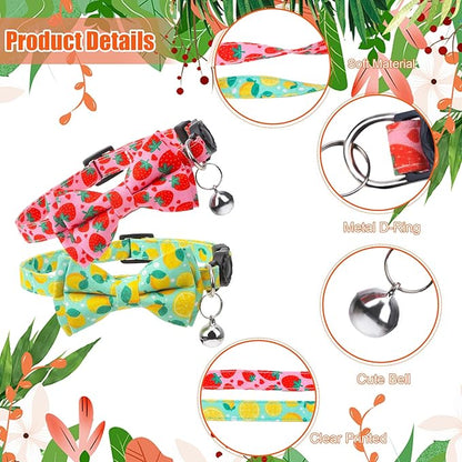 4 Pack Cat Collar with Bow Tie and Bell Breakaway Fruit Cat Collars Spring Summer Adjustable Safety Kitten Collar for Boy Girl Cats