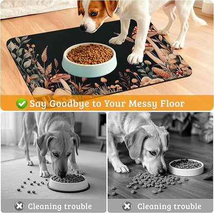 Vintage Mushroom Dog Food Mat,Leaf Absorbent Pet Feeding Mat for Food and Water Bowl,Quick Dry Dog Placemat Non Slip Rubber Backing Waterproof Pet Supplies 16" x 24"