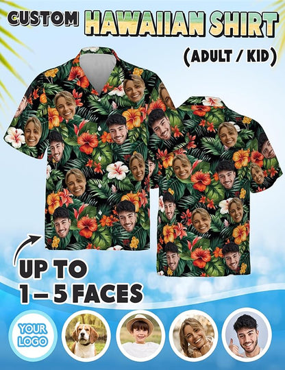 Custom Hawaiian Shirt with Face Photo Picture for Men Women Kids Youth Adult, Tropical Personalized Hawaiian Shirts Gift