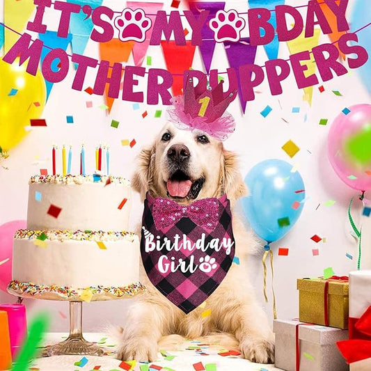 Dog Birthday Decorations, Multi Sizes Dog Birthday Bandana Girl Dog Birthday Hat Crown Bow Tie Birthday Numbers It’s My Bday Mother Puppers Sign Banner for Large Extra Large Dogs (Pink, X-Large)