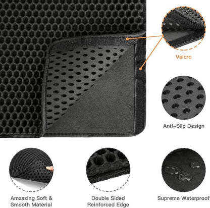 Cat Litter Mat-30"X24" Large Litter BoxTrapping Mat for Kitty EVA Honeycomb Double Layer Design, Urine & Waterproof with Handle Design Easier to Clean, Washable, Black