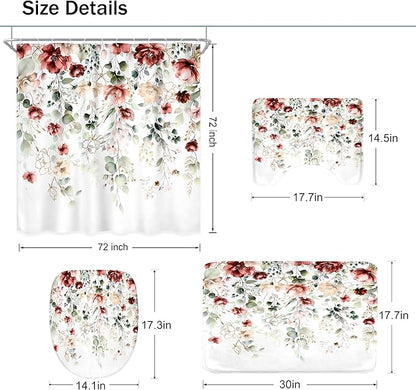 4 PCS Red Burgundy Floral Flower Shower Curtain Set 72Wx72H Inch Watercolor Pastel Complete Bathroom Set Non-Slip Bath Rug Toilet Lid Cover and U Shape Mat Accessories 12 Hooks Bathoom Decor