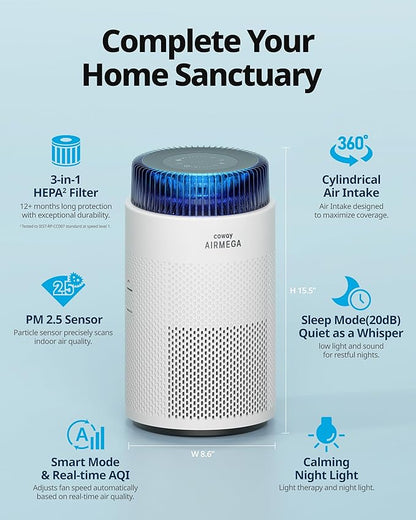 COWAY Air Purifiers for Home up to 810 ft², HEPA Filter and Carbon Filter for Smoke, Allergies, Pet Dander, Odor, AQI Monitor, Auto Mode, Timer, Filter Indicator, Night Light, 3yr Warranty, 100 White