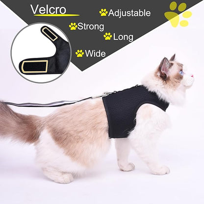 Kitty Harness and Leash for Walking Escape Proof Breathable Mesh Fabric, Solid Black, X-Small, Adjustable Cat Walking Jackets, Padded Stylish Cat Vest