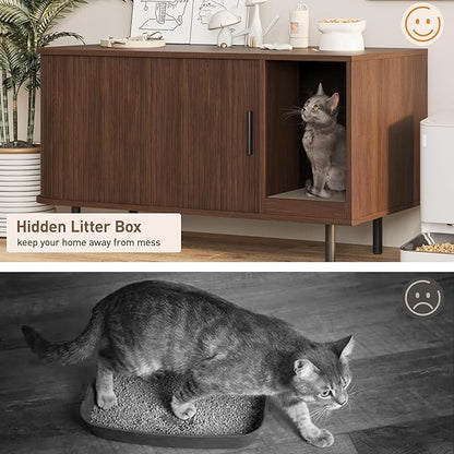 Cat Litter Box Enclosure with Cat Scratch Pad, Sliding Door, 37.4" Litter Box Enclosure Furniture Hidden Litter Box, Modern Indoor Cat House, TV Stand, Side End Table for Living Room, Walnut