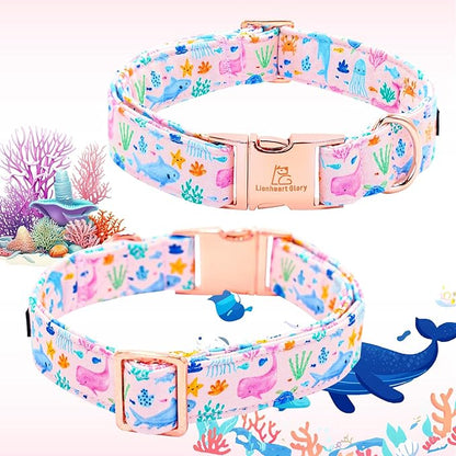 Lionheart glory Dog Bow Collar Sea Animals Print Pink Dog Collar for X-Small Dogs,Female Male Dog Collars with Bowtie Spring Summer Collars Soft Adjustable Pet Collar Bows