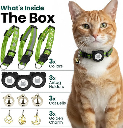 Cat Collar with AirTag Holders, 3-Pack, Reflective Breakaway Safety Collars, Bells and Matching Charms, Adjustable, Paw Hearts, Moon Stars Design, Lucky Charm, Red, Blue, Black (Green)