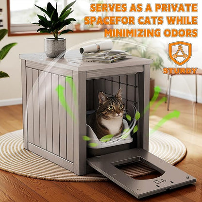 Cat Litter Box Enclosure, Multi-Functional Hidden Litter Box Furniture & Indoor Outdoor Cat House with Side Table Design, Openable Front Door & Raised Floor, Easy to Clean & Assemble, Grey
