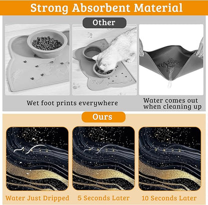 Dog Bowl Mat,Abstract Marbled Pet Feeding Mat for Floors Waterproof,Gold Black Absorbent Dogs Placemat for Food and Water Quick Dry Pet Cat Feeding Mats with Non Slip Bottom 12" x 20"