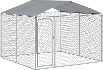 PawHut Outdoor Dog Kennel, Heavy Duty Dog Run Outdoor Fence with Waterproof Cover, Galvanized Chain Link, Secure Lock, 9.8' x 9.8' x 7.7'