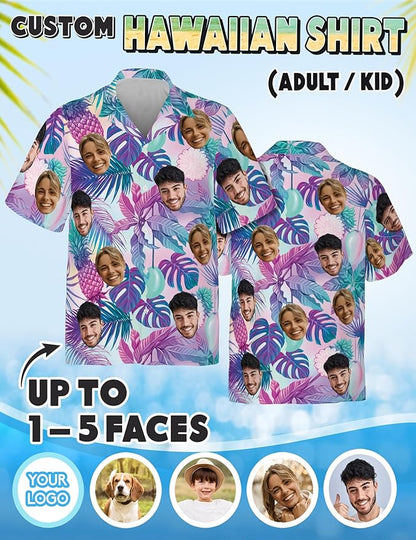 Custom Hawaiian Shirt with Face Photo Picture for Men Women Kids Youth Adult, Tropical Personalized Hawaiian Shirts Gift
