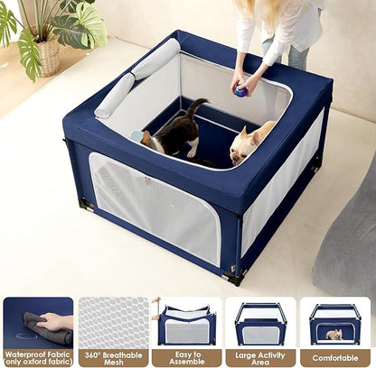 EHEYCIGA 42x42x26 Inches Puppy Playpen with Top Cover for Dogs & Cats Indoor or Outdoor - Dog Playpen with Door, Dog Fence for Small Animal with Heavy-Duty Oxford & Steel Frame, Navy