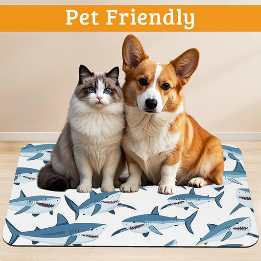 Shark Dog Food Mat,Wild Fish Absorbent Pet Feeding Mat for Food and Water Bowl,Quick Dry Dog Placemat Non Slip Rubber Backing Waterproof Pet Supplies 16" x 24"