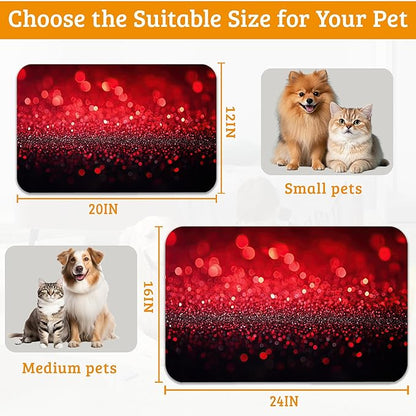 Red Gradienr Feeding Mat,Black Glitter Absorbent Quick-Dry Cat Dog Food and Water Bowl Mats,Non-Slip Rubber Backing Mat,Cat Dog Accessories Supplies 12" x 20"