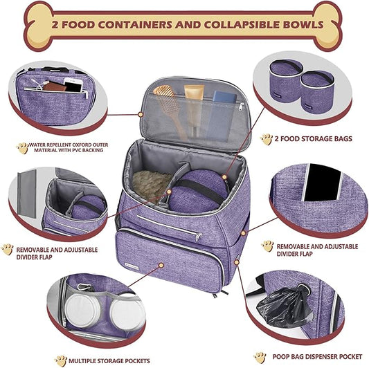 BAGLHER丨Dog Travel Bag Backpack, Airline Approved Pet Supplies Backpack, Dog Travel Bag with 2 Silicone Collapsible Bowls and 2 Food Baskets Purple