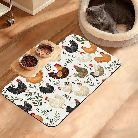 Dog Bowl Mat,Chickens Roosters Pet Feeding Mat for Floors Waterproof,Plants Leaf Absorbent Dogs Placemat for Food and Water Quick Dry Pet Cat Feeding Mats with Non Slip Bottom 12" x 20"