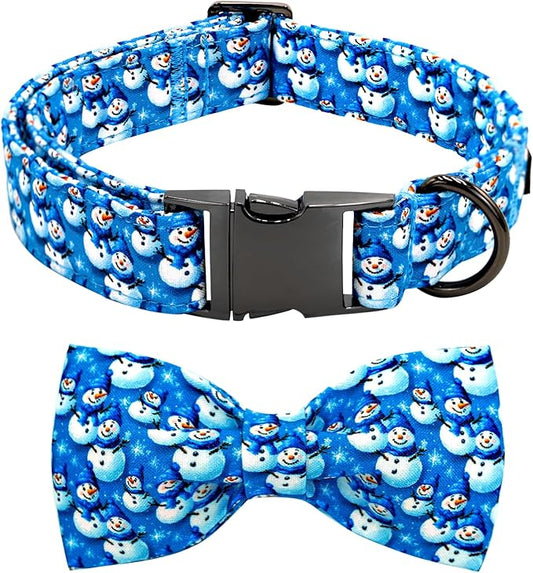 Christmas Dog Collar, Cotton Winter Dog Collars with Bow Cute Blue Snowman Pet Collar Removable Blue White Winter Pet Collars with Metal Buckle for X-Small Girl and Boy Dogs