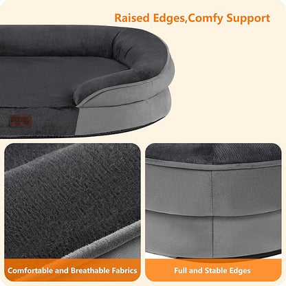 Dwanton Orthopedic Dog Bed for Large Dogs with Gel Memory Foam, Waterproof Dog Sofa, Washable Pet Bed with Four Sided Bolster Cushion, Removable Cover & Non-Slip Bottom, 42", Dark Gray