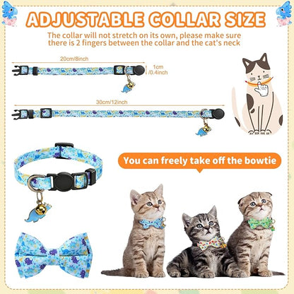 3 PCS Cat Collars with Bow Tie and Bell, Cat Collars Dinosaurs Pattern Breakaway Adjustable Cat Bow Tie Collars, Cute Bow Tie Suitable for Kittens Or Certain Puppies