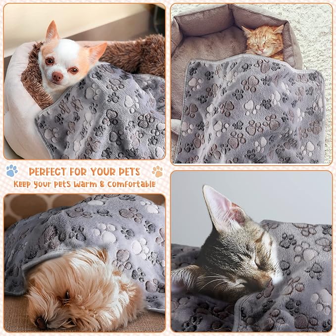 Tatuo 4 Pcs Dog Blanket for Pet Cat Blankets Indoor Puppy Teething Stuff Toys Paw Print Fleece Soft Blanket Sleep Mat for Guinea Pig Cage(Gray,Medium(30 x 20.5 Inch),Square)