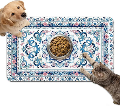 Dog Food Mat for Bowls, Absorbent Quick Dry Dog Cat Mats for Food and Water, Non-Slip Backing Pet Mat Pet Supplies - Blue Vintage Floral Pattern